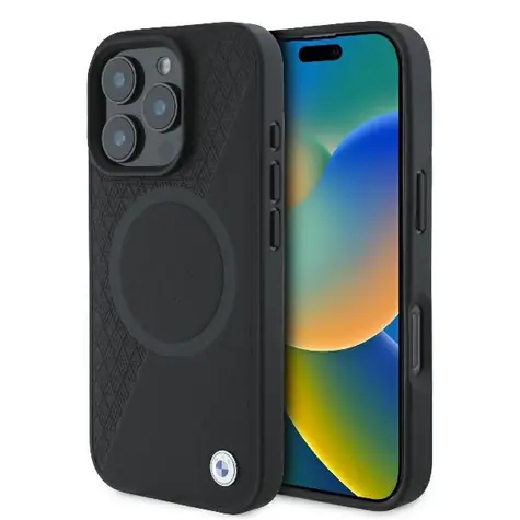 BMW Signature Leather Half Textured & Circle černá / Zadní kryt / iPhone 16 Pro / pravá kůže / MagSafe