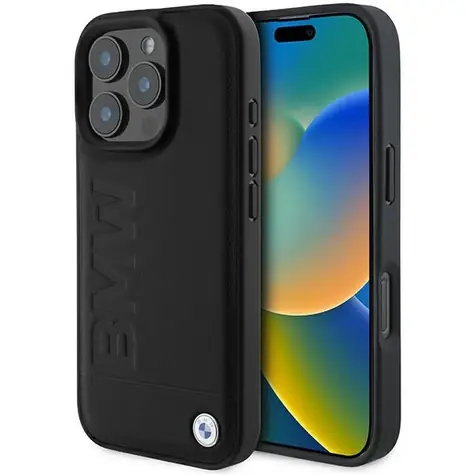 BMW Leather Hot Stamp pro iPhone 16 Pro Max černá / Kryt / Kožený / Hot Stamp
