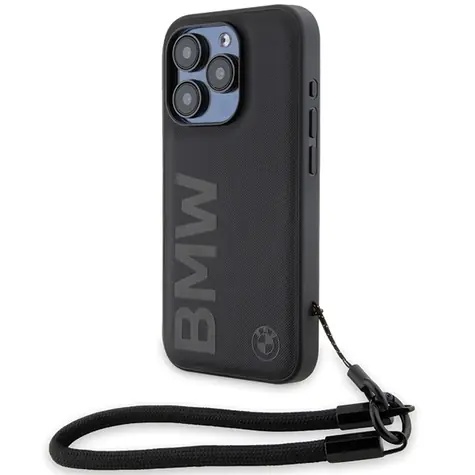 BMW Signature Wordmark Cord černá / Zadní kryt / Kožený / Se šňůrkou / iPhone 15 Pro Max