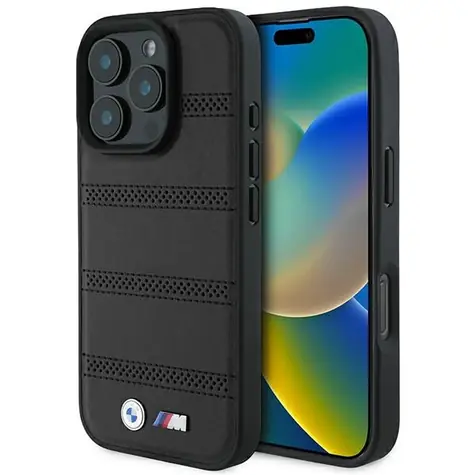 BMW M Perforated pro Apple iPhone 16 Pro černá / Zadní kryt / Perforovaný / Prošívaný pruh / Magnetický (MagSafe)