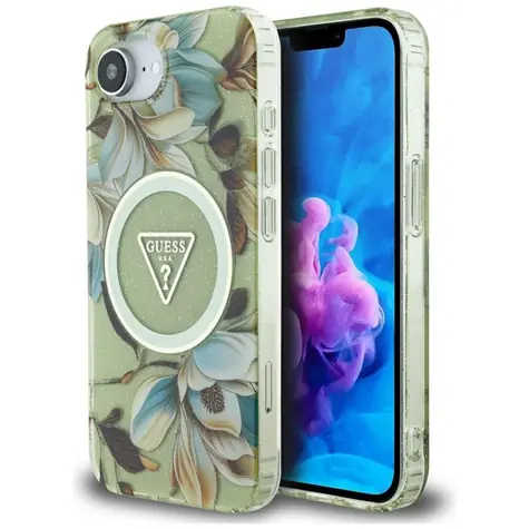 Guess Glitter Flowers Triangle MagSafe iPhone 16e zelená / Zadní kryt / IML dekor