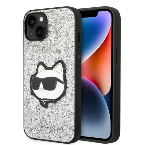 Karl Lagerfeld Glitter Choupette Patch stříbrná / Zadní kryt / Apple iPhone 14 / Hardcase