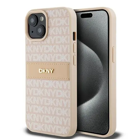 DKNY Kožený kryt s pruhem pro iPhone 15 Plus a 14 Plus růžová / Zadní kryt / Kovové logo