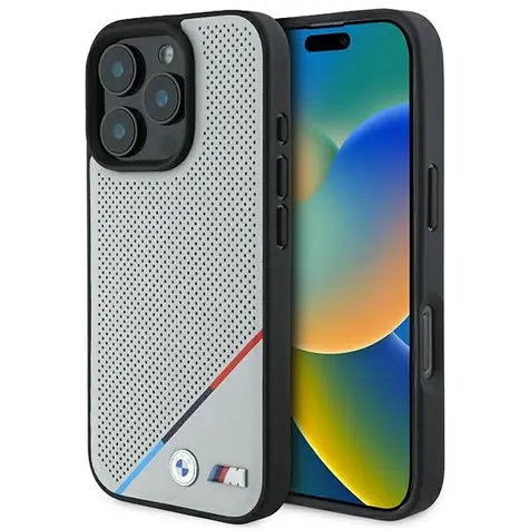 BMW M Perforated Tricolor Line pro iPhone 16 Pro šedá / Zadní kryt / MagSafe