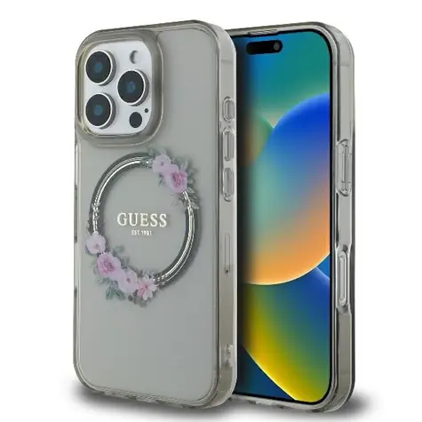 Guess IML Flowers Wreath MagSafe černá / Zadní kryt / iPhone 16 Pro