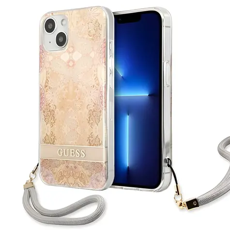 Guess Flower Strap zlatá / Pouzdro / Apple iPhone 13 mini / tvrzený plast / poutko s květinovým vzorem