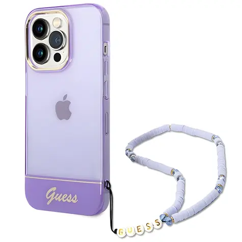 Guess Translucent Pearl Strap iPhone 14 Pro fialová / Zadní kryt / Translucentní / S řemínkem přes ruku