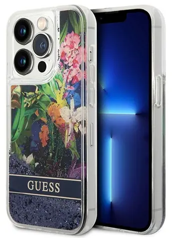 Guess Liquid Glitter Flower modrá / Zadní kryt / Apple iPhone 14 Pro / Hardcase