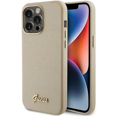 Guess Glitter Glossy Script pro iPhone 15 Pro zlatá / Zadní kryt / Třpytivý / Lesklý povrch
