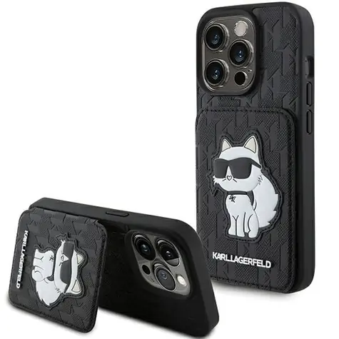 Karl Lagerfeld Saffiano Card Slot Stand Choupette černá / Zadní kryt / pro Apple iPhone 15 Pro Max