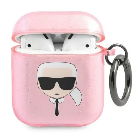 Karl Lagerfeld Glitter Karl's Head růžová / Pouzdro / Apple AirPods