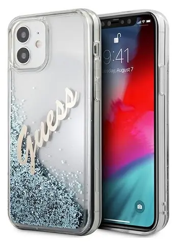 GUESS Glitter Vintage Script modrá / Plastový zadní kryt pro Apple iPhone 12 mini