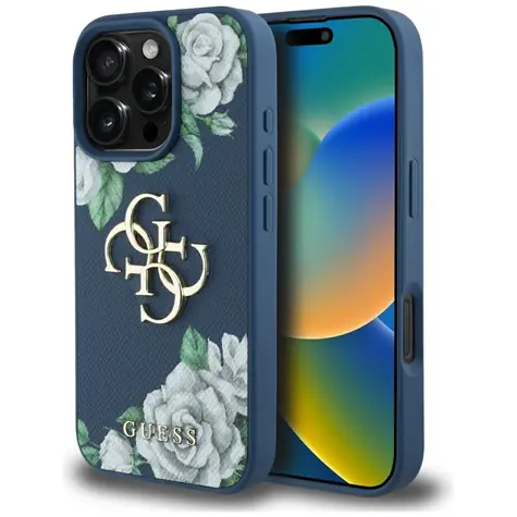Guess Grained Roses Big 4G Logo modrá / Zadní kryt / iPhone 16 Pro Max