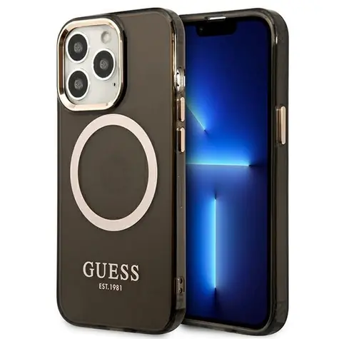Guess Gold Outline Translucent černá / Pouzdro / MagSafe / iPhone 13 Pro, iPhone 13