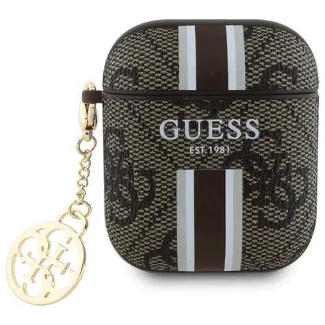 Guess PU 4G Printed Stripes Charm hnědá / Pouzdro / Apple AirPods 1/2