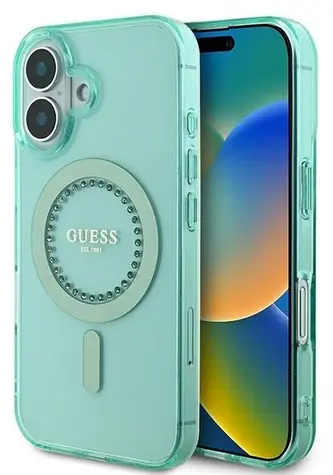 Guess IML Rhinestones MagSafe zelená / Pouzdro pro iPhone 16 / MagSafe