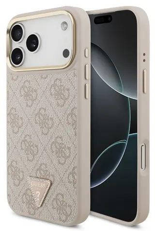 Guess PU Leather 4G Strass Triangle Logo Gold Frame Pink / Zadní kryt / MagSafe / iPhone 18 Pro Max