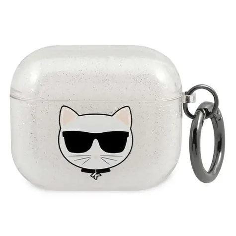 Karl Lagerfeld Glitter Choupette Head stříbrná / Pouzdro / pro Apple AirPods 3 / třpytivý design