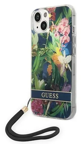 Guess GUOHCP14SHFLSB Flower Strap modrá / Zadní kryt / pro Apple iPhone 14 / se šňůrkou / plastový