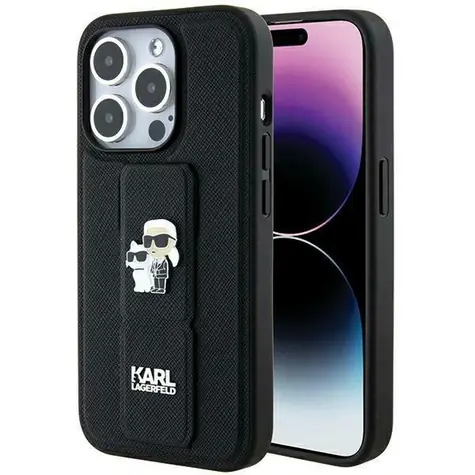 Karl Lagerfeld Gripstand Saffiano Karl and Choupette Pins černá / Kryt / iPhone 13 a 13 Pro