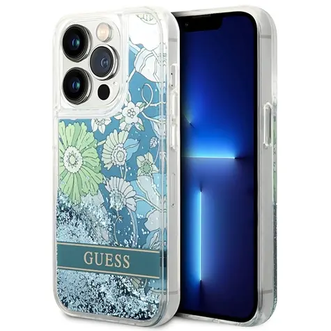 Guess Liquid Glitter Flower zelená / Zadní kryt / pro Apple iPhone 14 Pro Max