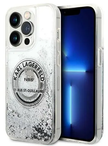 Karl Lagerfeld Liquid Glitter RSG stříbrná / Zadní kryt / pro Apple iPhone 14 Pro / Hardcase