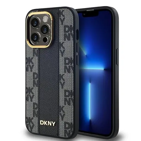 DKNY Leather Checkered Mono Pattern MagSafe černá / Kožené pouzdro / iPhone 14 Pro Max