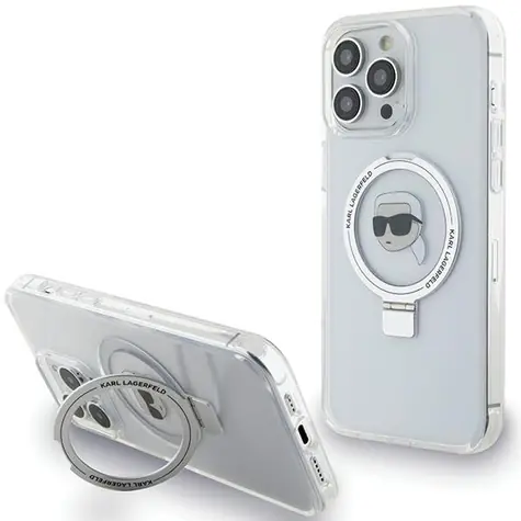 Karl Lagerfeld Ring Stand Karl Head MagSafe bílá / Kryt pro Apple iPhone 15 Pro / Tvrzený plast / Otočný stojánek