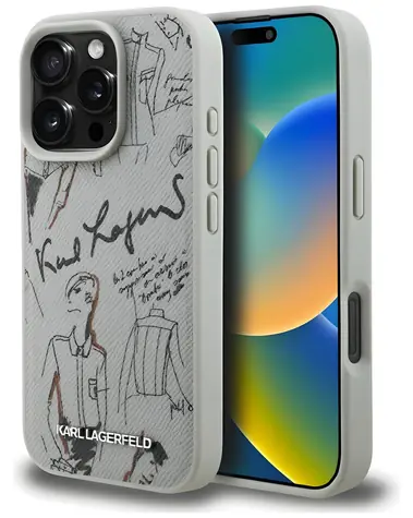 Karl Lagerfeld Grained Pattern & Logo šedá / Zadní kryt / MagSafe / iPhone 16 Pro