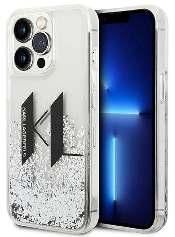 Karl Lagerfeld Liquid Glitter Big KL iPhone 14 Pro stříbrná / Zadní kryt / Třpytivý efekt