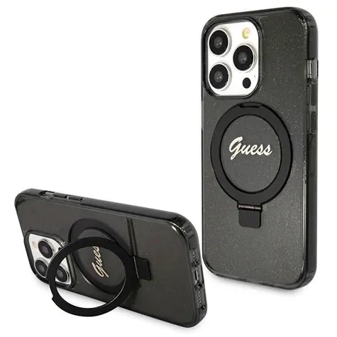 Guess Ring Stand Script Glitter MagSafe černá / Zadní kryt / iPhone 13 Pro Max / MagSafe
