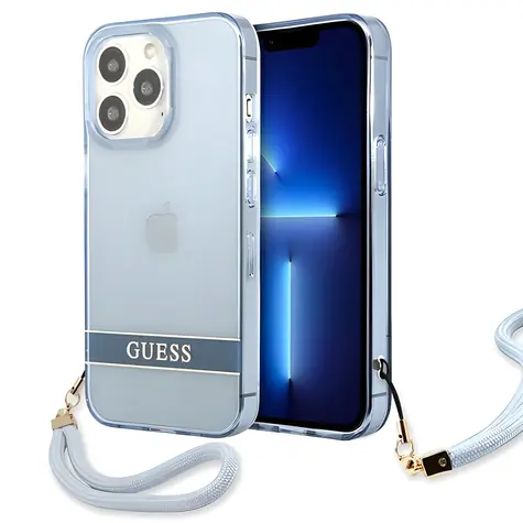 GUESS Hardcase Translucent Strap modrá / Pouzdro / iPhone 13 Pro, iPhone 13 / průhledné, se šňůrkou
