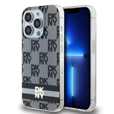 DKNY Kostkovaný kryt s pruhy pro iPhone 13 Pro a 13 černá / Zadní kryt / MagSafe