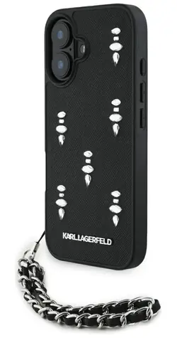 Karl Lagerfeld Saffiano Crystals Chain iPhone 16 černá / Kryt / Se řetízkem / S krystaly