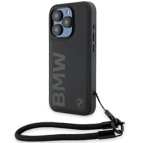 BMW Signature Leather Wordmark Cord černá / Zadní kryt / iPhone 15 Pro / kožený se šňůrkou