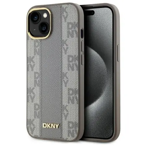 DKNY Leather Checkered Mono Pattern béžová / Zadní kryt / Apple iPhone 15 Plus / MagSafe / Kůže