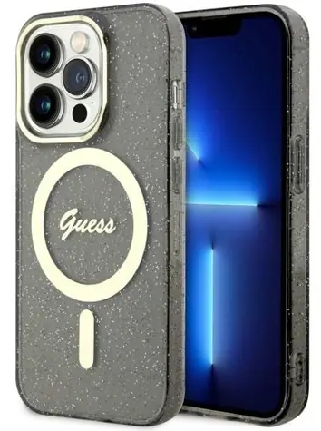 Guess Glitter Gold MagSafe Zadní kryt pro iPhone 14 Pro černá / Zadní kryt / MagSafe kompatibilní