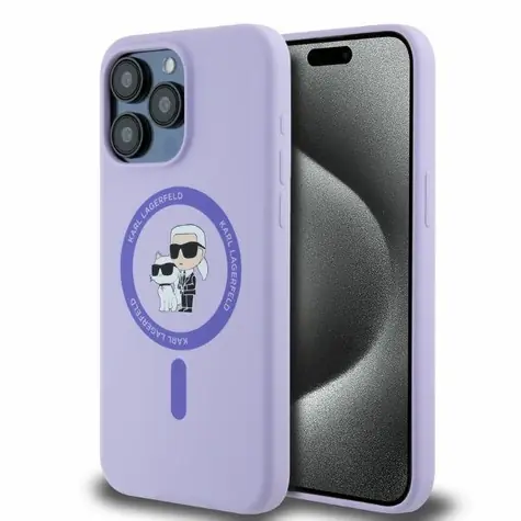 Karl Lagerfeld Silicone Karl and Choupette Heads Ring fialová / Zadní kryt pro iPhone 15 Pro Max / MagSafe