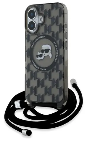 Karl Lagerfeld IML Monogram Karl & Choupette pro Apple iPhone 16 černá / Zadní kryt / MagSafe / Crossbody popruh