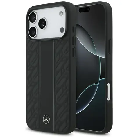 Mercedes Leather Laurel Leaves Stripes pro iPhone 17 Pro Max černá / Zadní kryt / Kůže / MagSafe