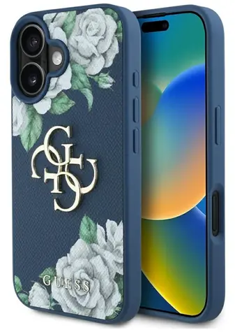 Guess Grained Roses 4G Logo modrá / Zadní kryt / iPhone 16