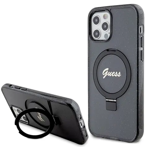 Guess Ring Stand Script Glitter MagSafe iPhone 12/12 Pro černá / Kryt / MagSafe