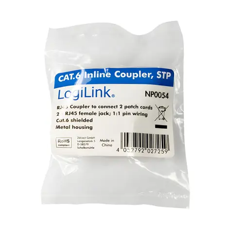 LogiLink Spojka patch kabelů šedá / Spojka / Cat6 STP / RJ-45 / kovové pouzdro