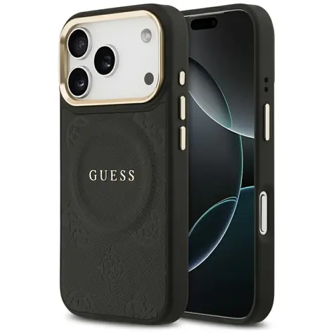 Guess Peony Hot Stamp MagSafe Black pro iPhone 17 Pro / Zadní kryt / Ražený motiv pivoněk