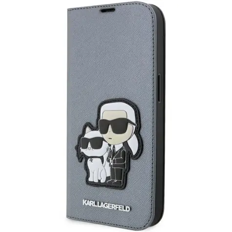 Karl Lagerfeld Saffiano Karl & Choupette stříbrná / Knížkové pouzdro / Apple iPhone 14 Pro / PU kůže