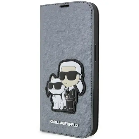 Karl Lagerfeld Saffiano Karl & Choupette stříbrná / Book pouzdro / Apple iPhone 14 Pro Max