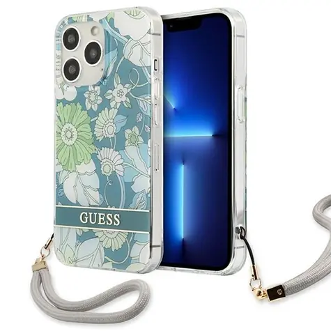 Guess GUHCP13LHFLSN Flower Strap zelená / Zadní kryt / Apple iPhone 13 Pro a 13 6.1