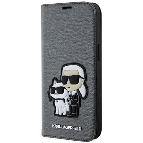 Karl Lagerfeld Saffiano Karl & Choupette iPhone 14 stříbrná / Pouzdro / Knížkové