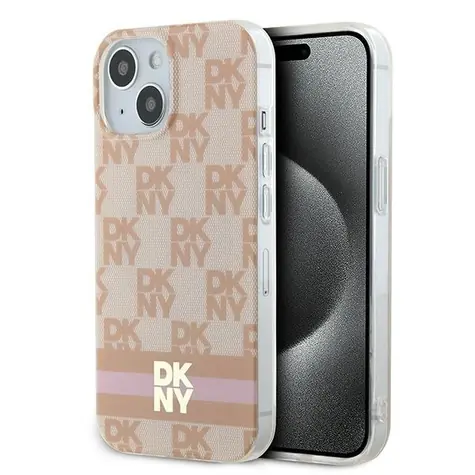 DKNY Kostkovaný kryt s pruhy pro iPhone 15, 14 a 13 růžová / Zadní kryt / MagSafe