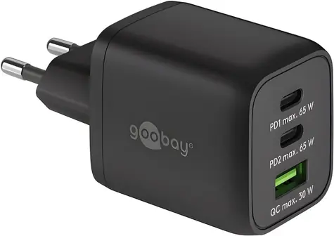 Goobay Nano 64753 černá / Síťová nabíječka / GaN / 65W / 2x USB-C + USB-A